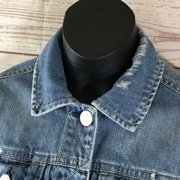 American Eagle Womens XS Jean Denim Jacket Short Length Distressed Button Front - Picture 3 of 11